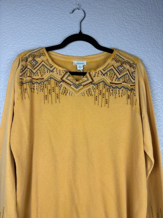 NWT Sundance Women XL Mustard Aztec Embroidered Waffle Knit Thermal Top - Picture 3 of 11